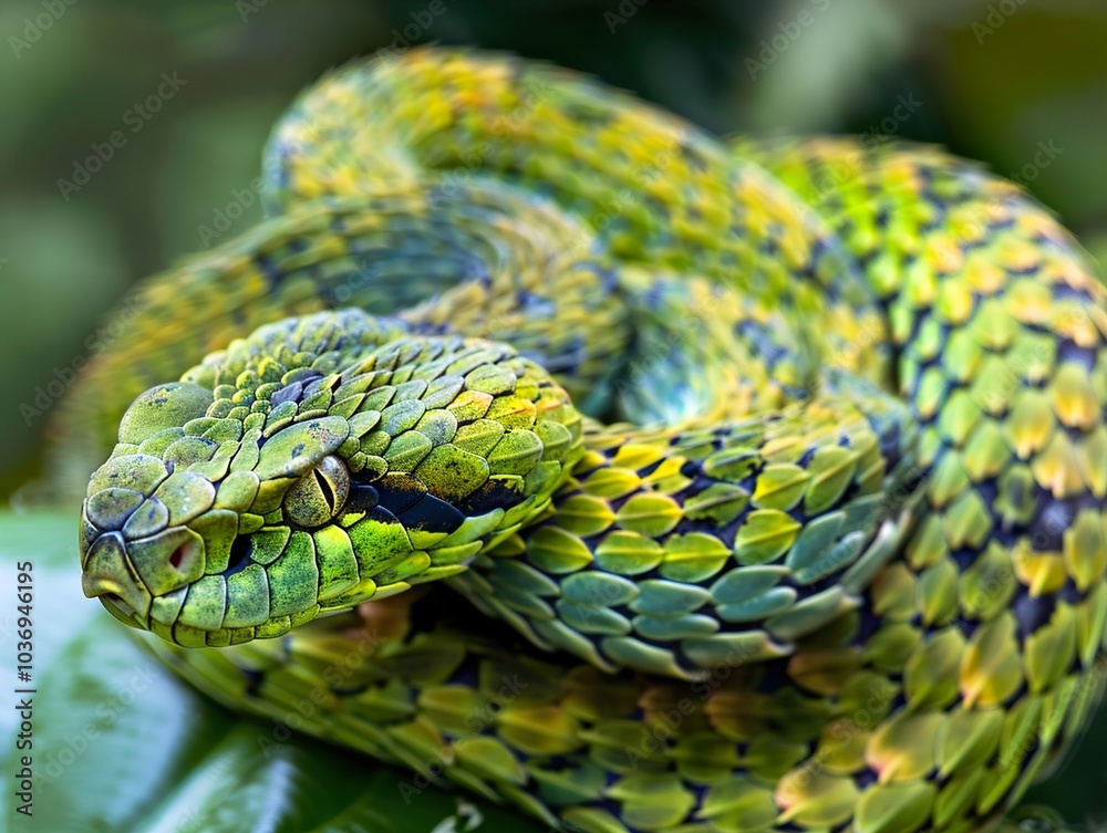 Fototapeta premium Green Snake Close Up: Scales and Eyes of a Venomous Reptile
