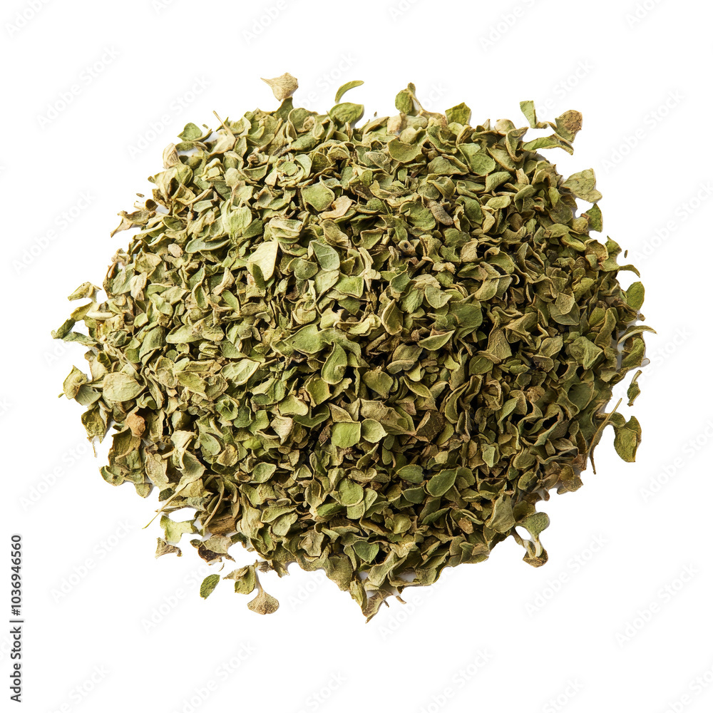 Dried oregano leaves piled on a transparent background showcasing their natural texture and color, Pile of dried oregano leaves isolated on transparent background Dried oregano leaves piled on a transparent background showcasing their natural texture and color, Pile of dried oregano leaves isolated on transparent background