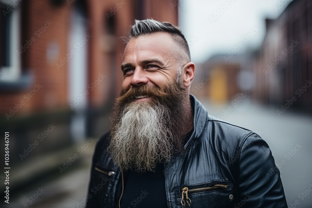 Portrait of a handsome man with long beard and mustache in leather jacket outdoor Portrait of a handsome man with long beard and mustache in leather jacket outdoor