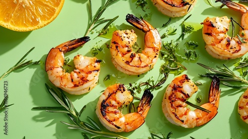 Carabineros prawns grilled with rosemary and garlic, isolated on a bright green background with charred citrus and herbs