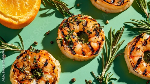 Carabineros prawns grilled with rosemary and garlic, isolated on a bright green background with charred citrus and herbs