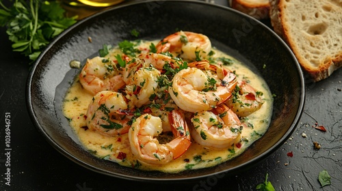 Carabineros prawns in a garlic butter sauce, isolated on a dark textured background with garnished herbs and toasted bread