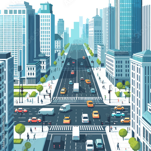 A busy city street with cars and pedestrians. Scene is bustling and lively. The idea of the image is to capture the energy and movement