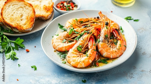 Carabineros prawns in a garlic butter sauce, isolated on a pale blue background with fresh herbs and toasted bread on the side