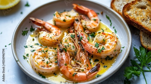 Carabineros prawns in a garlic butter sauce, isolated on a pale blue background with fresh herbs and toasted bread on the side