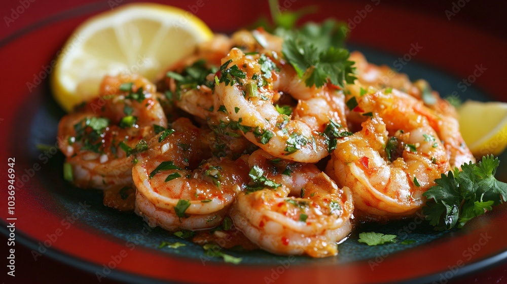 Carabineros prawns in a garlic-chili marinade, isolated on a dark red background with decorative cilantro and lemon slices Carabineros prawns in a garlic-chili marinade, isolated on a dark red background with decorative cilantro and lemon slices