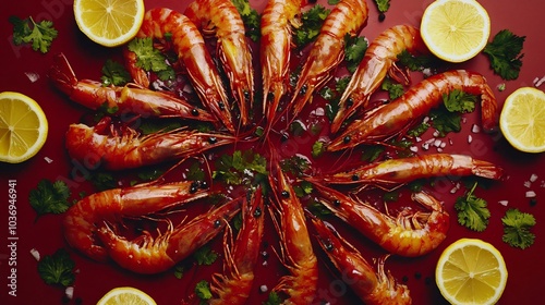 Carabineros prawns in a garlic-chili marinade, isolated on a dark red background with decorative cilantro and lemon slices