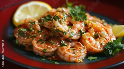 Carabineros prawns in a garlic-chili marinade, isolated on a dark red background with decorative cilantro and lemon slices