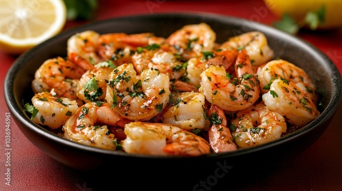 Carabineros prawns in a garlic-chili marinade, isolated on a dark red background with decorative cilantro and lemon slices