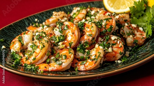 Carabineros prawns in a garlic-chili marinade, isolated on a dark red background with decorative cilantro and lemon slices
