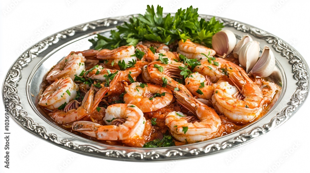Carabineros prawns in a spicy tomato sauce, isolated on a silver plate with decorative garlic cloves and fresh parsley on a white backdrop Carabineros prawns in a spicy tomato sauce, isolated on a silver plate with decorative garlic cloves and fresh parsley on a white backdrop