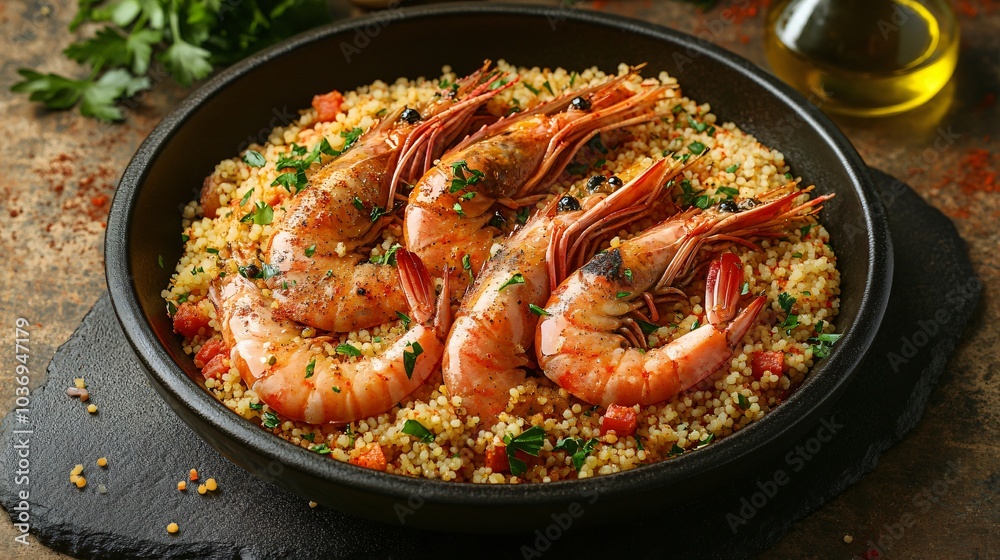 Carabineros prawns nestled in a bed of couscous, isolated on a dark brown stone background with olive oil drizzles and garlic cloves Carabineros prawns nestled in a bed of couscous, isolated on a dark brown stone background with olive oil drizzles and garlic cloves