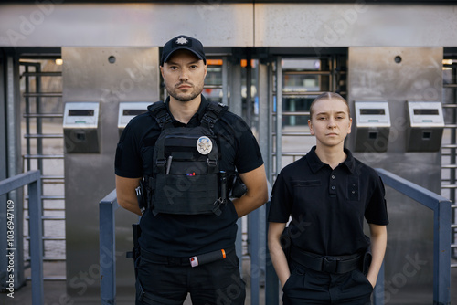 Diverse police officers patrolling and guarding entrance to public subway