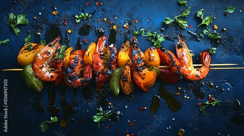 Carabineros prawns on a skewer with grilled vegetables, isolated on a dark blue background with charred herbs and olive oil drizzles