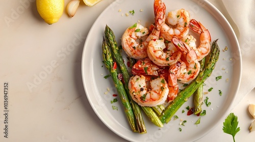 Carabineros prawns plated with roasted asparagus, isolated on a light tan background with fresh garlic cloves and lemon zest