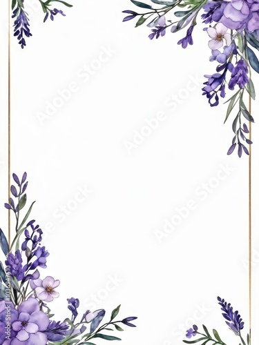 Frame, border, border pattern of lilac purple flowers on white background with free space for text, watercolor drawing, sketch, vintage, retro style, provence, image, postcard, card, letterhead, templ
