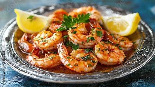 Carabineros prawns sauteed in a white wine sauce, isolated on a silver plate with lemon wedges and parsley garnish on a blue backdrop