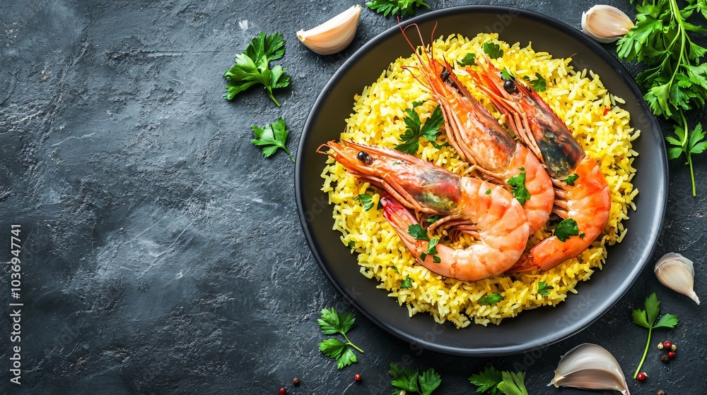 Carabineros prawns served with saffron rice, isolated on a dark slate background with garlic and parsley accents Carabineros prawns served with saffron rice, isolated on a dark slate background with garlic and parsley accents