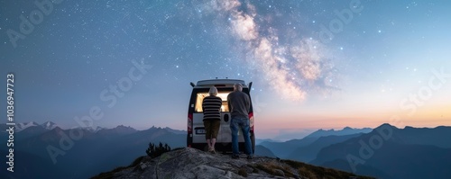 Serene Stargazing: Elderly Couple Enjoying Celestial Views from High-Tech Camper Vanâ€™s Panoramic Roof photo