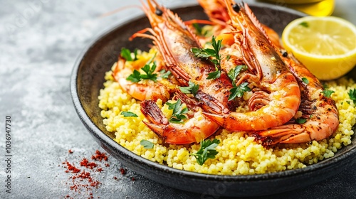 Carabineros prawns served over saffron couscous, isolated on a grey stone background with a decorative drizzle of olive oil