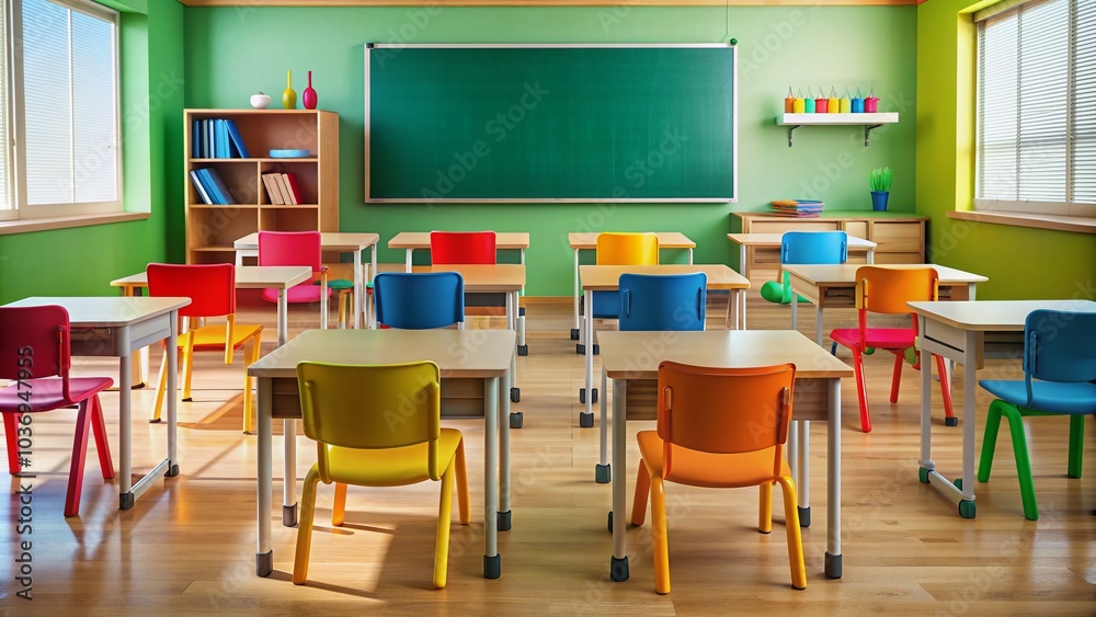 Colorful classroom background with empty chairs, blackboard, and educational materials, awaiting a fun teacher-pupil interaction, ideal for education and learning concepts. Colorful classroom background with empty chairs, blackboard, and educational materials, awaiting a fun teacher-pupil interaction, ideal for education and learning concepts.