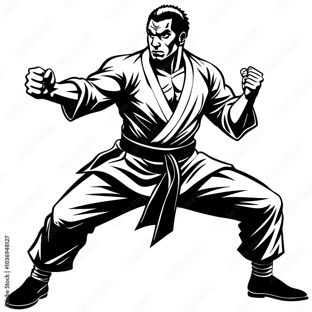 martial artist in a powerful karate stance Silhouette Black Vector martial artist in a powerful karate stance Silhouette Black Vector