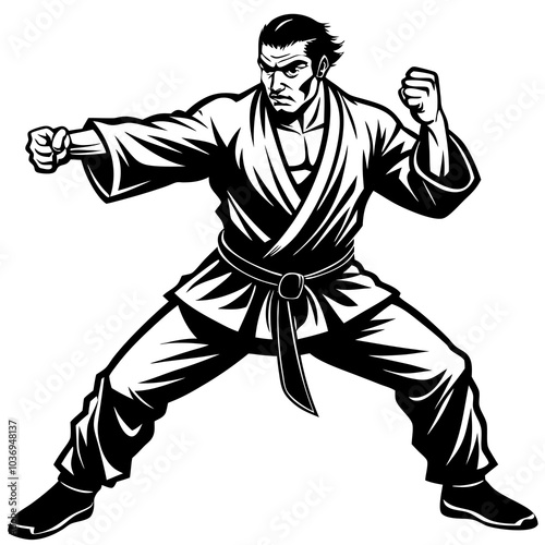 martial artist in a powerful karate stance Silhouette Black Vector