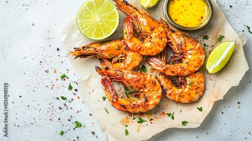 Grilled Carabineros prawns with a paprika rub, isolated on a light stone background with lime wedges and garlic butter sauce