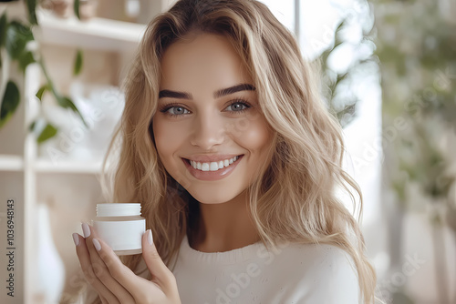 A woman confidently promotes a skincare product, showcasing its benefits for achieving glowing and healthy skin