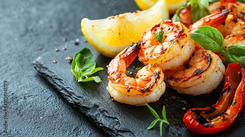 Pan-fried Carabineros prawns with a side of roasted peppers, isolated on a rustic stone background with charred lemon wedges