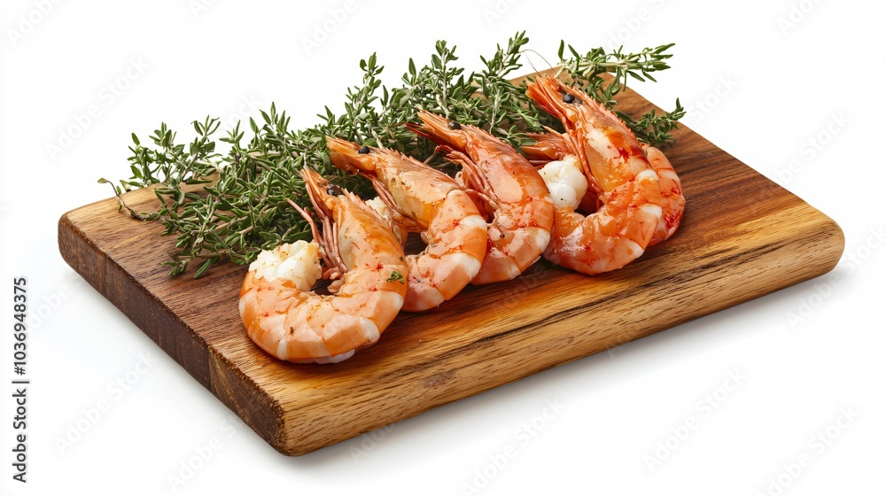 Spanish Carabineros prawns on a wooden board, isolated on a white background with sprigs of fresh rosemary and thyme Spanish Carabineros prawns on a wooden board, isolated on a white background with sprigs of fresh rosemary and thyme