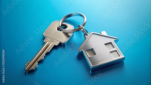 Silver house key attached to a customizable keychain lies on a bright blue background, symbolizing new homeownership and real estate property acquisition opportunities.