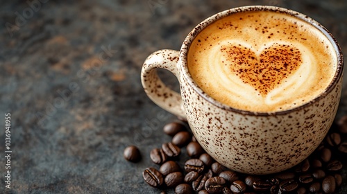 Closeup of a cup of cappuccino with a heart-shaped design on top.