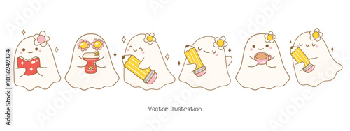Cute Ghost with Pencil Vector Set. Adorable Halloween Doodle Illustration