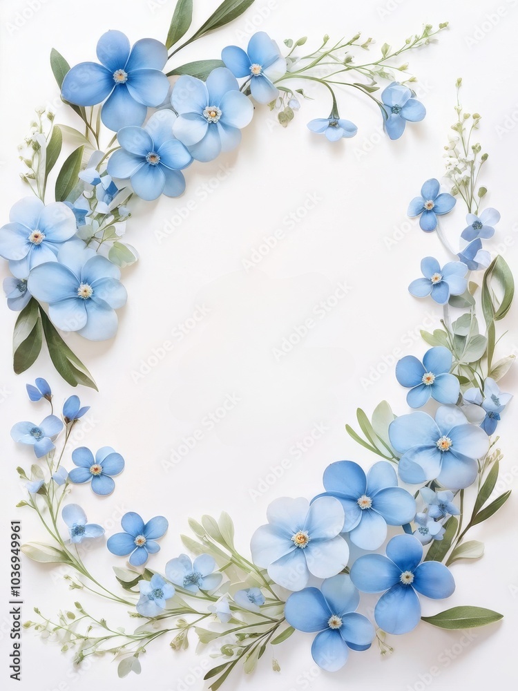 Frame, frame, pattern of blue flowers, violets on white background with free space for text, watercolor drawing, sketch, vintage, retro, Provence style, image, postcard, card, letterhead, template