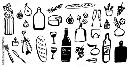 Food and kitchen doodle set, wine, glasses, drawings of fruits and bread. Cafe illustrations collection, drawn by hand