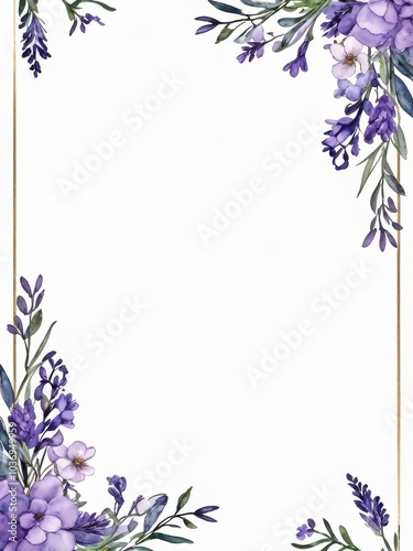 Frame, border, border pattern of lilac purple flowers on white background with free space for text, watercolor drawing, sketch, vintage, retro style, provence, image, postcard, card, letterhead