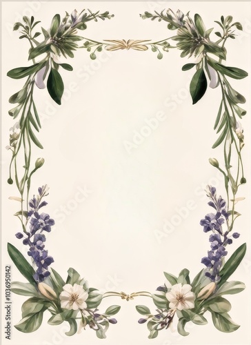 Frame, border, border pattern of lilac purple flowers on white background with free space for text, watercolor drawing, sketch, vintage, retro style, provence, image, postcard, card, letterhead