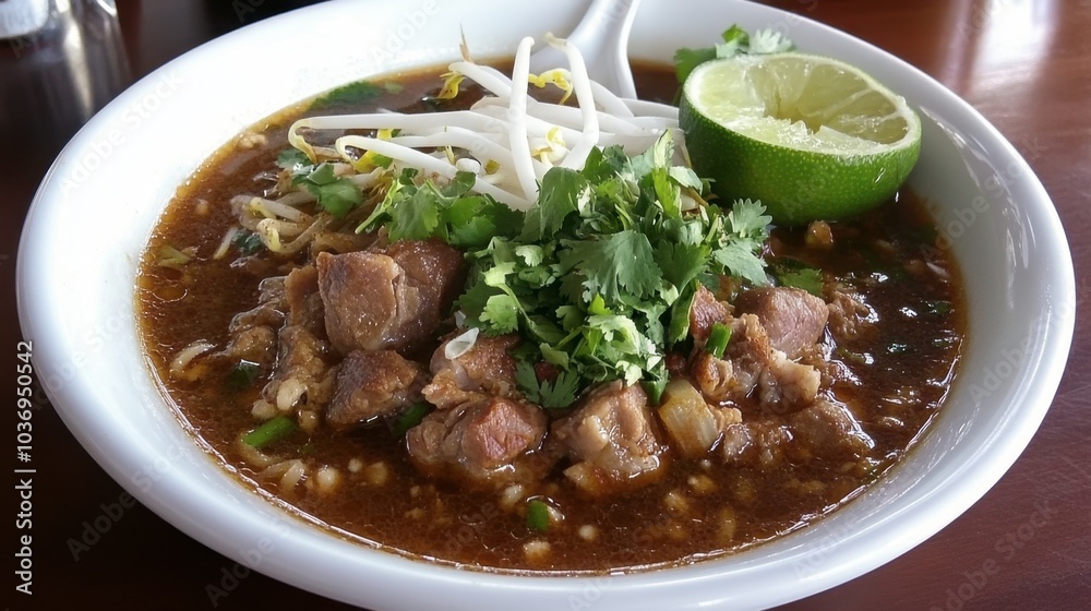 Delicious bowl of traditional soup with fresh toppings Delicious bowl of traditional soup with fresh toppings