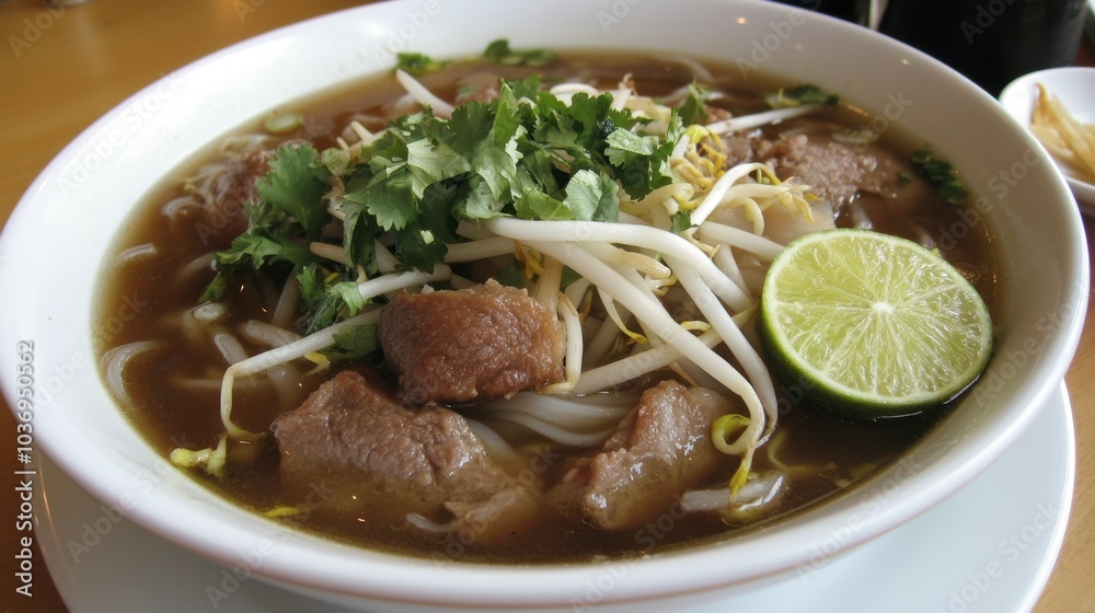 Delicious Bowl of Asian Noodle Soup with Fresh Garnish Delicious Bowl of Asian Noodle Soup with Fresh Garnish