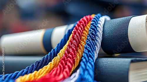 Colorful Graduation Cords Draped Across Rolled Diplomas on a Table Decorated for a Graduation Ceremony in Spring