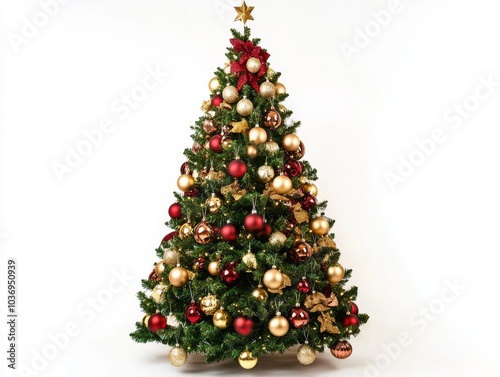 Christmas tree decorated with red and gold balls and stars on white background, photo. For decoration and design article about seasonal changes, lifestyle, holidays, christmas, traditions.