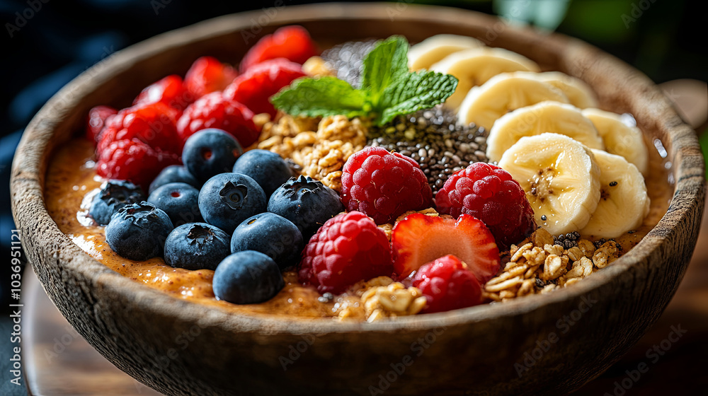 Colorful Breakfast Bowl With Fresh Berries, Granola, and Mint Leaves on a Wooden Surface in a Cozy Kitchen Setting Colorful Breakfast Bowl With Fresh Berries, Granola, and Mint Leaves on a Wooden Surface in a Cozy Kitchen Setting
