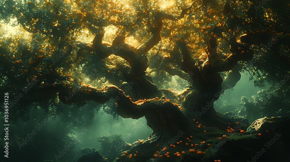 Fototapeta premium A large, ancient tree with twisted branches stands in a sun-dappled forest, its leaves a vibrant green and its trunk gnarled and thick.