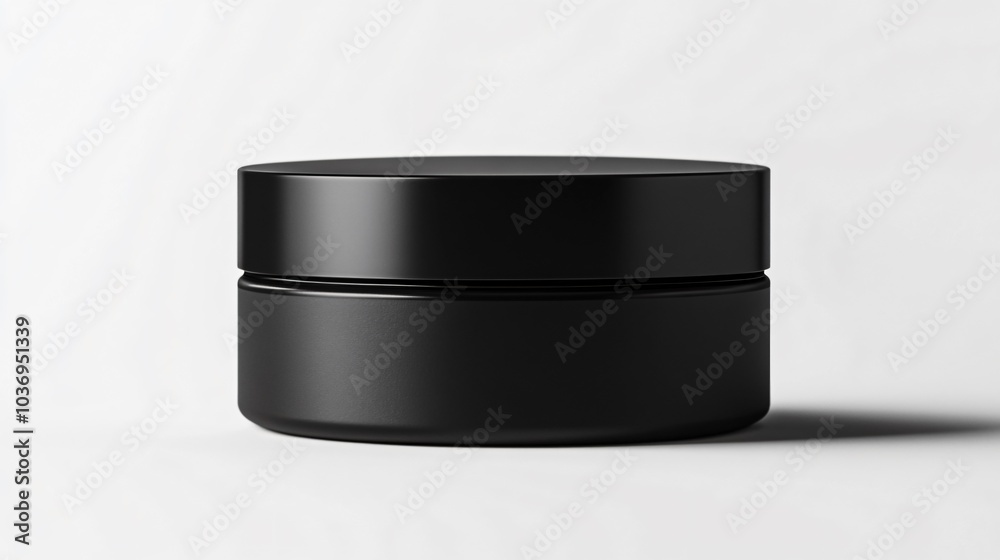 A minimalist cream jar with a matte black finish, isolated on a pure white background, with metallic accents gently hovering around the packaging A minimalist cream jar with a matte black finish, isolated on a pure white background, with metallic accents gently hovering around the packaging