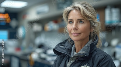 Portrait of a beautiful mature woman in an industrial environment, looking at the camera