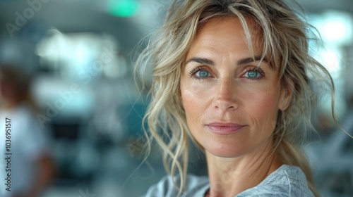 Portrait of a beautiful young woman with blue eyes in the office