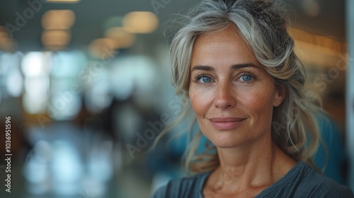 Portrait of smiling mature businesswoman with arms crossed in office lobby