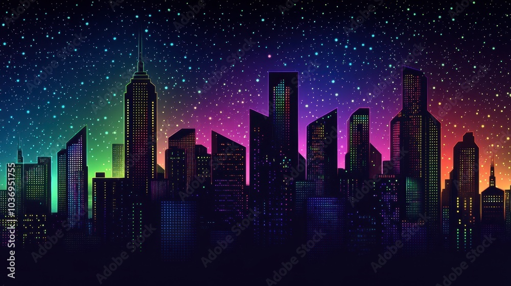 Vibrant City Skyline at Night with Stars Vibrant City Skyline at Night with Stars