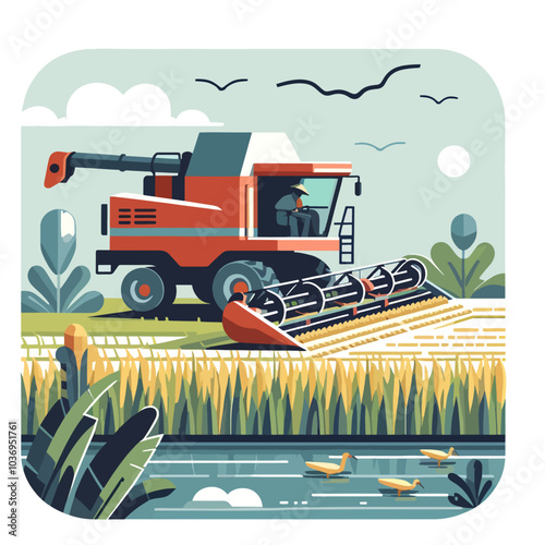 A man is driving a combine harvester in a field